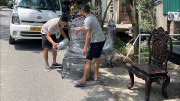 Quá trình đóng gói vận chuyển bộ bàn ghế ăn hoa lá Tây gỗ mun siêu đẹp về bên chủ mới 0936183866