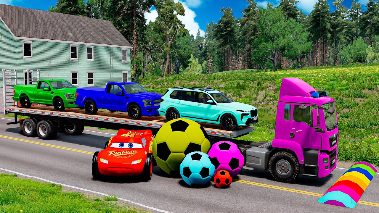 Double Flatbed Trailer Truck vs Speedbumps Train vs Cars | Tractor vs Train Beamng.Drive 