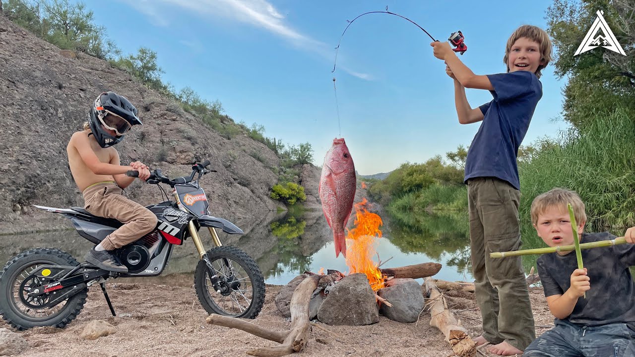 Riding Dirt Bikes to Secret Desert Fishing Hole + "Catch and Cook" Fish