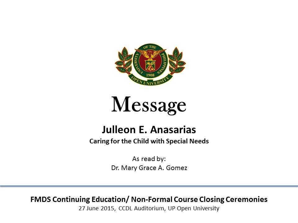 Message from Julleon Anasarias | Graduate of Caring for the Child with Special Needs Course upload
