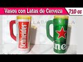 Vaso con botella de vidrio y lata de aluminio . cortar garrafa de vidro ,Reciclar latas de aluminio