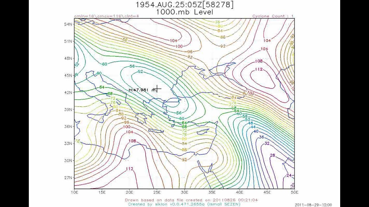 Cyclone Locations + Year: 1954, Level: 1000mb. Time Interval:1 hour - Time Lapse