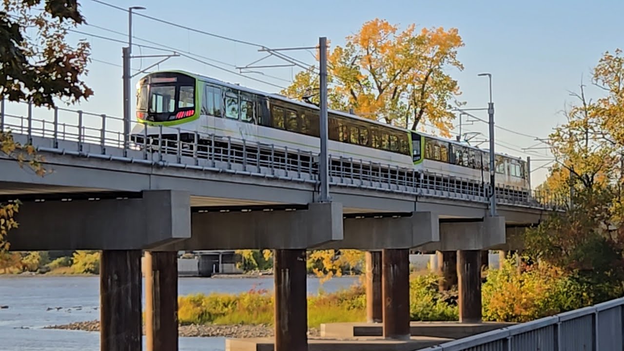 MONTREAL REM Fall Foliage LRT Testing on Mille Iles River Bridge in Laval