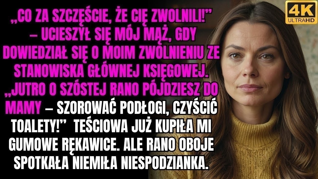 Wróciłam do domu po zwolnieniu i usłyszałam od własnego męża, jakie mam szczęście. „Teraz będziesz miała więcej czasu dla mamy. Kupiła ci nawet żółte rękawice" – powiedział, kładąc przede mną...