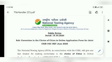 Correction in the choice of cities for CSIR - UGC NET || DATE 19-10-2020 to 20-20-2020