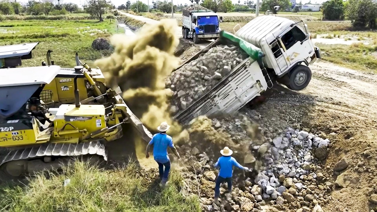 OMG!! Land Filling Mistake 😱 KOMATSU D31P Mini Bulldozer & 5 Ton Truck Unloading Dirt