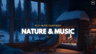 AMBIENCE - Falling Snow & Magical Winter Night Scenery + Deep Sleeping Music & Cozy Fireplace [4K]