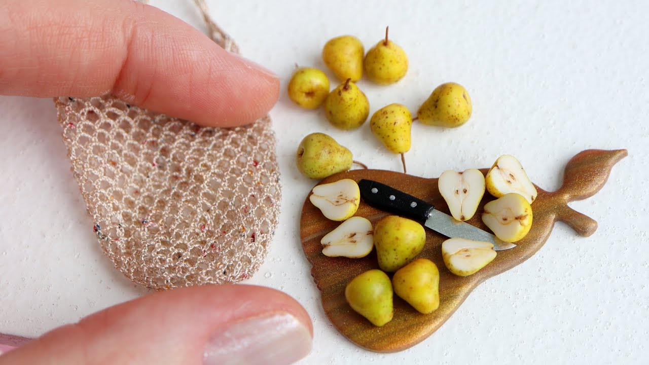 Miniature whole and sliced ​​pears and a knife on a kitchen board❤️Polymer clay