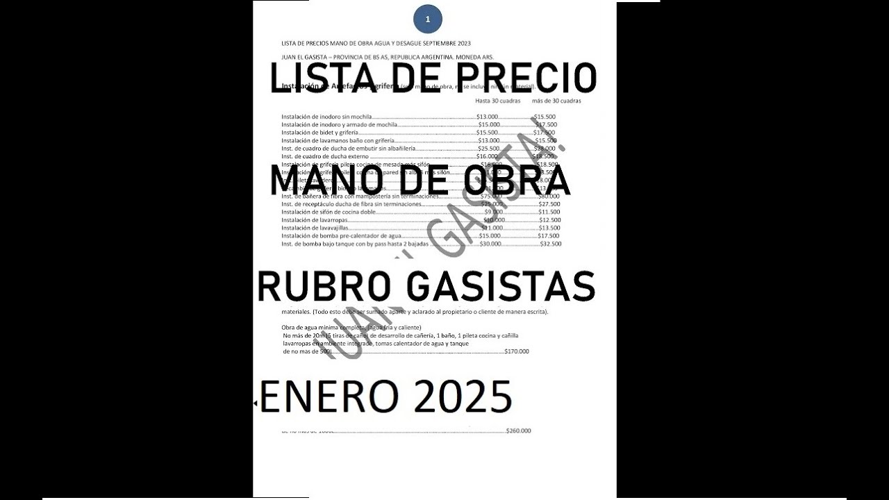 Lista Precios ENERO 2026! mano de obra rubro gas actualizada mes a mes