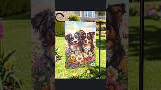 Australian Shepherds in Flowers Garden Flag