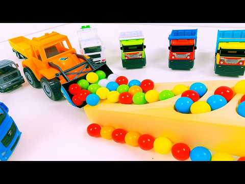 Marble Run Race ☆ HABA Slope & Retro Makita Truck, Excavator, Garbage Truck, Dump Truck,