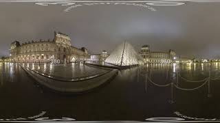 360 VR Louvre Museum with Pyramid in the court. Scene in night Paris, France