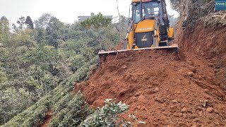 JCB Backhoe Leveling Mountain Top Narrow Road Saving Downhill Farm