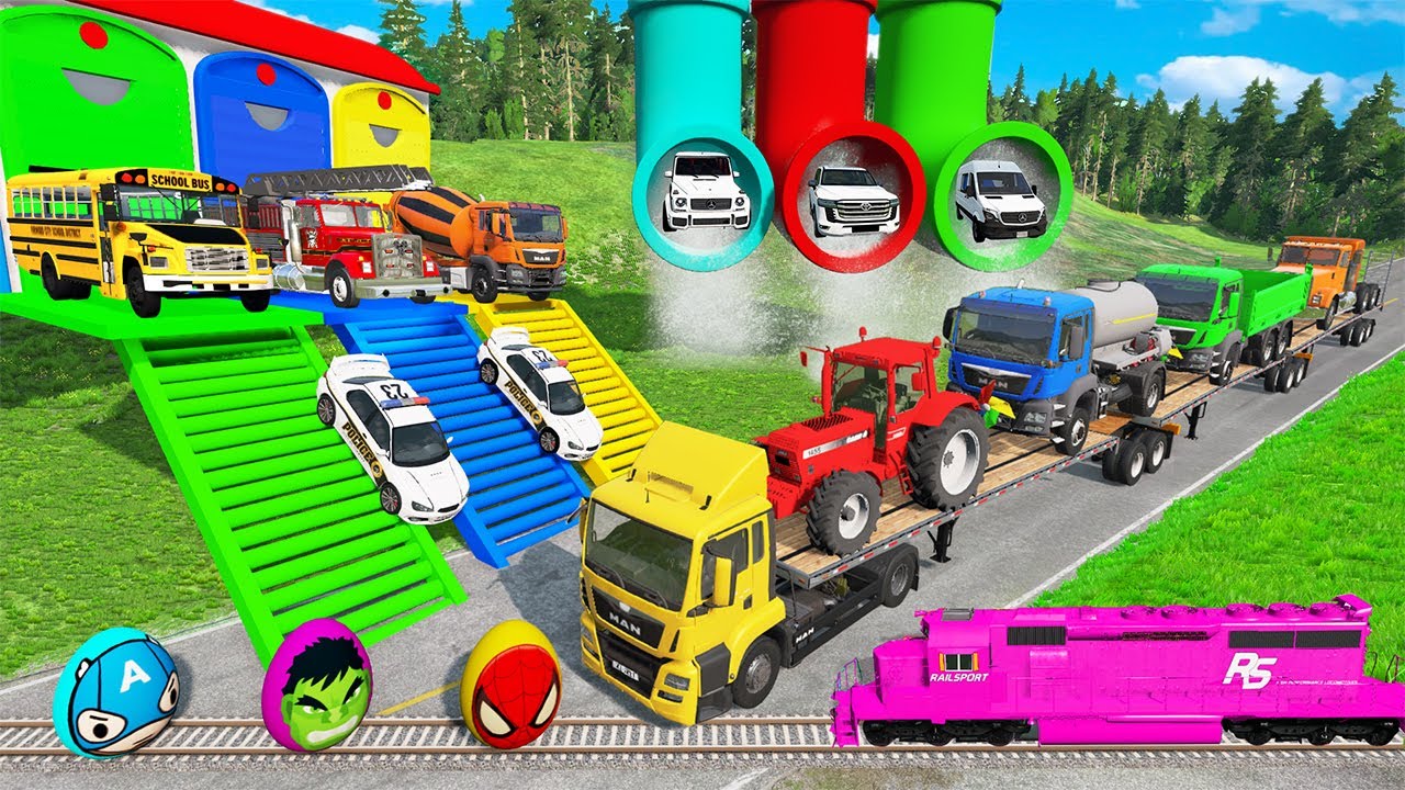 Triple Flatbed Trailer McQueen Transportation with Truck - Speedbumps vs Cars vs Train - BeamNG #28