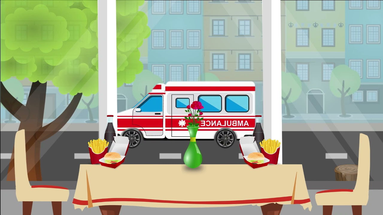 Lunch in a restaurant with a view of the city - Free Cartoon Background Loop  - Comida en Restaurant