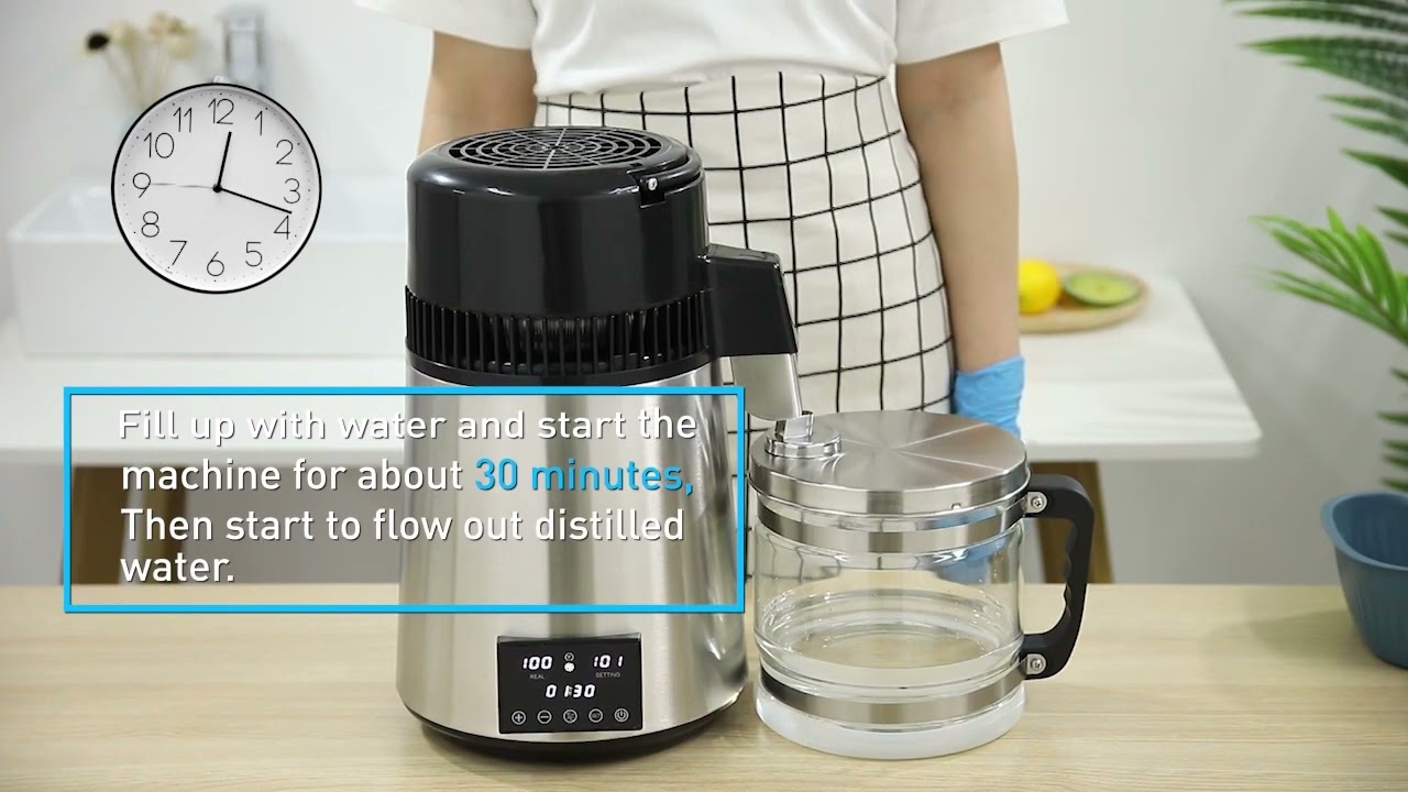 Water Distiller Stainless Steel Glass Bucket Dual Screen Touch 750W 4L 1L/H