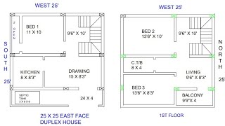 25 × 25 east face duplex house plan map naksha