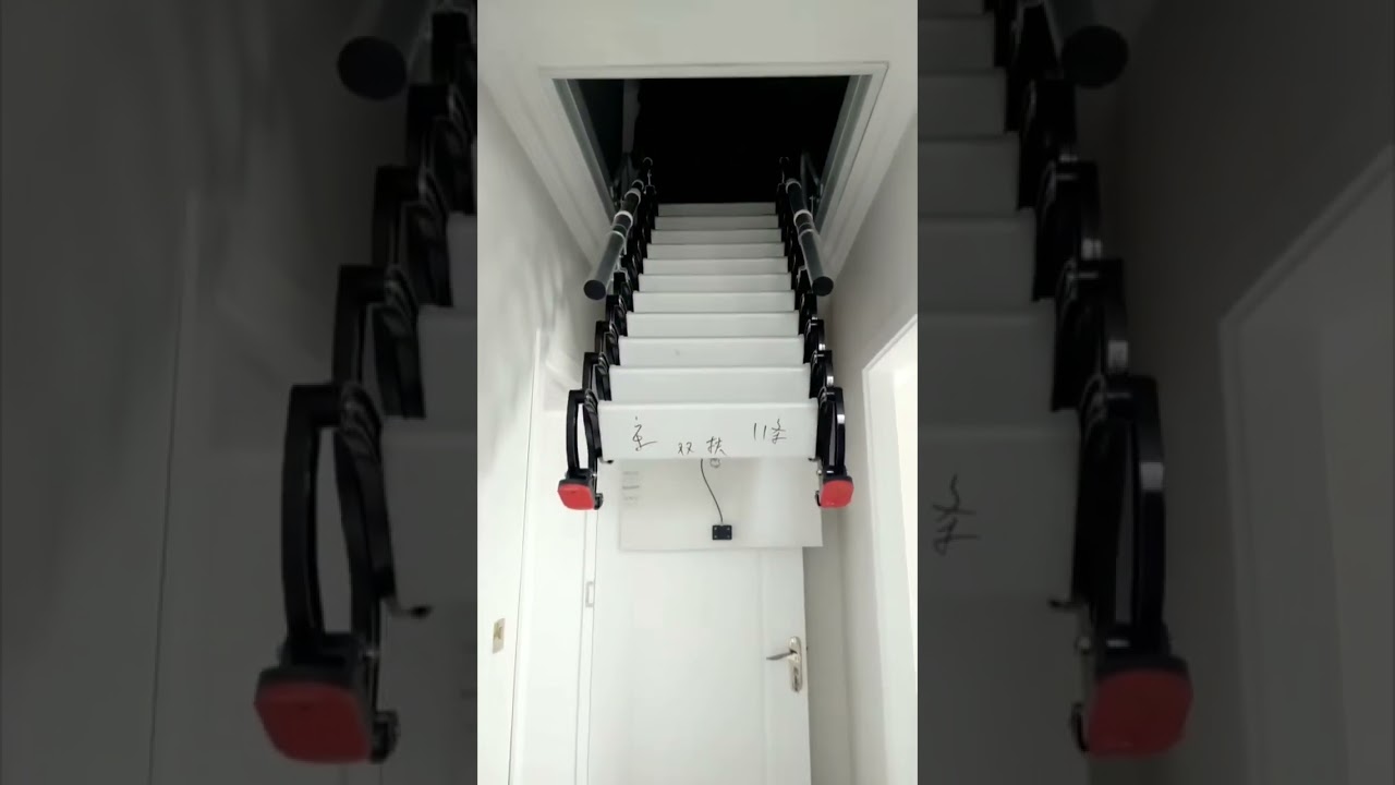 Electric attic ladder with retractable handrails on both sides, close automatically