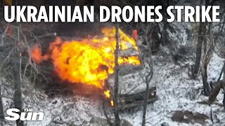 Ukrainian kamikaze drones blow up fleeing Russian camouflaged vehicle
