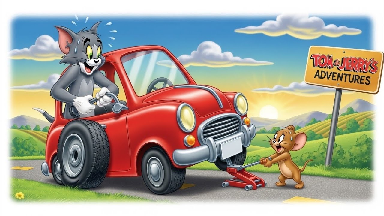 Tom & Jerry Car Tire Puncture! 🚗💥 Funny Cartoon Repair Adventure 🎉🐭🐱