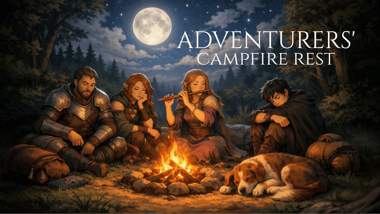 Adventurers' Campfire Rest | Fire & Soft Fantasy Music | Peaceful Night Ambience | DnD Background