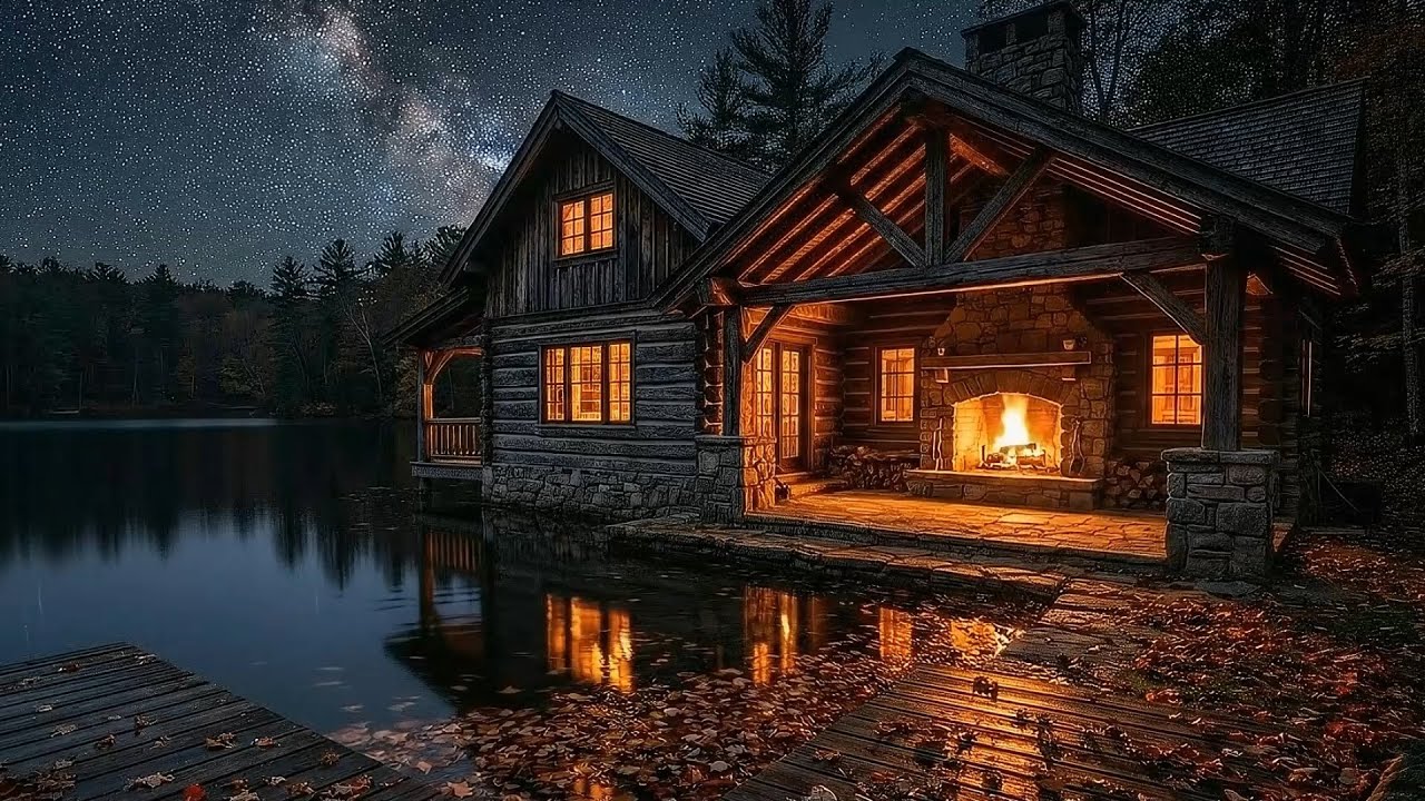 Cozy Cabin by the Lake Ambience - Crackling Fireplace, Water Sounds ...