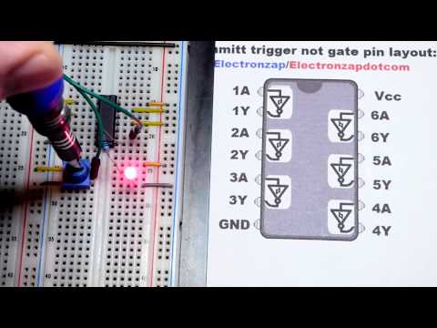 Quick NOT gate 7414 74HC14 hex inverting schmitt trigger integrated circuit IC demonstration