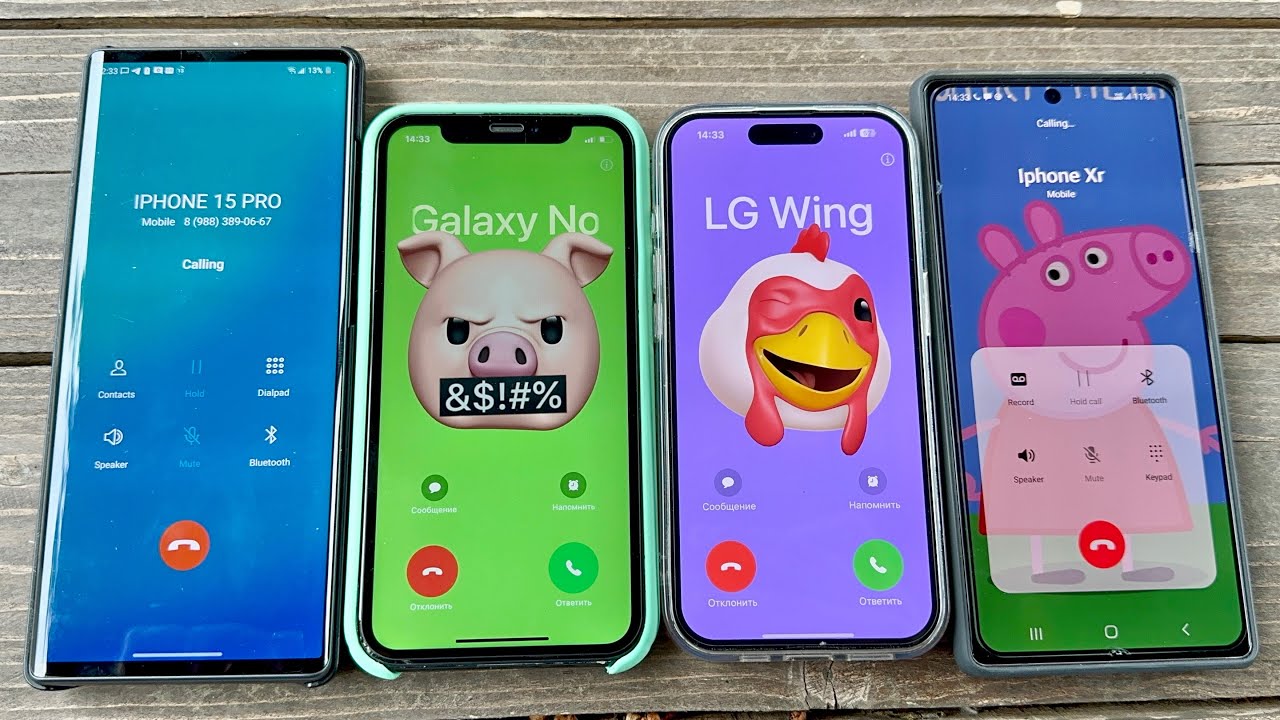 Four Phones Incoming Call LG Wing vs IPhone XR vs IPhone 15 PRO vs Samsung Galaxy Note 20