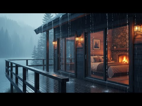 Rain in Cozy Cabin with Warm Fireplace and Heavy Rain on Lakeside to ...