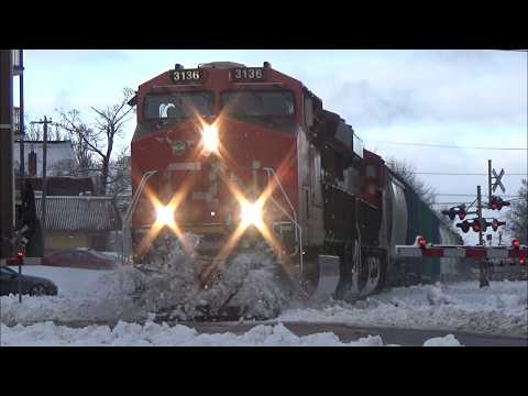 Big Manifest Train CN 507 Rolling thru Downtown Moncton, NB after Overnight Snowfall