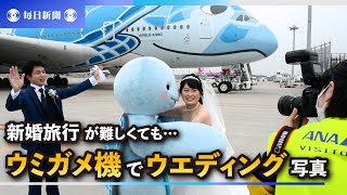 ウミガメ機でウエディング写真　新婚旅行が難しくても…　成田空港