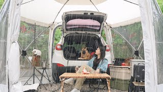 Relaxing in Spring Rain☔. SOLO Camping sleep in the car / Rain sound ASMR