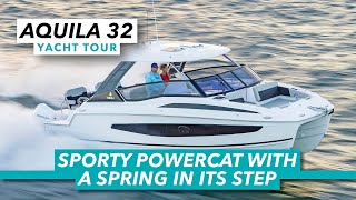 Aquila 32 yacht tour Sporty outboard powercat with a spring in its ste