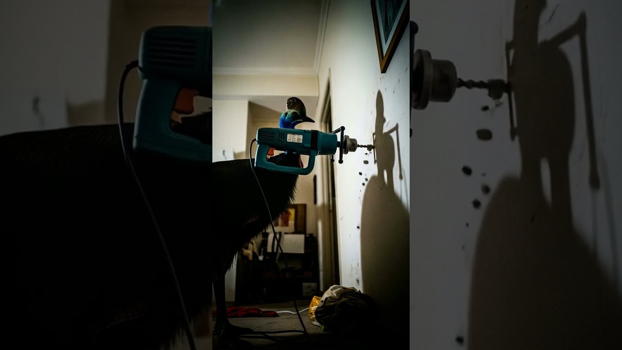 A cassowary is using a power drill! 