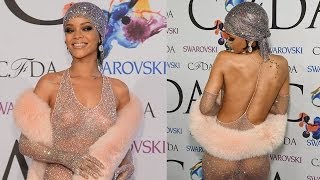 Rihanna Naked Mesh Dress At Cfda Awards 2014