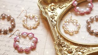 フープパーツ不要。ワイヤー2本とビーズで作るお花ピアス/イヤリング【ハンドメイドアクセサリー】DIY Beaded Wire Hoop Earrings-Jewelry Making Tutorial