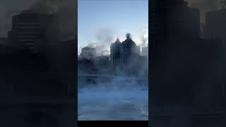 Temperature Dropped To -36C -33F In Calgary. Exhaust Gases From Buildings Created Fog