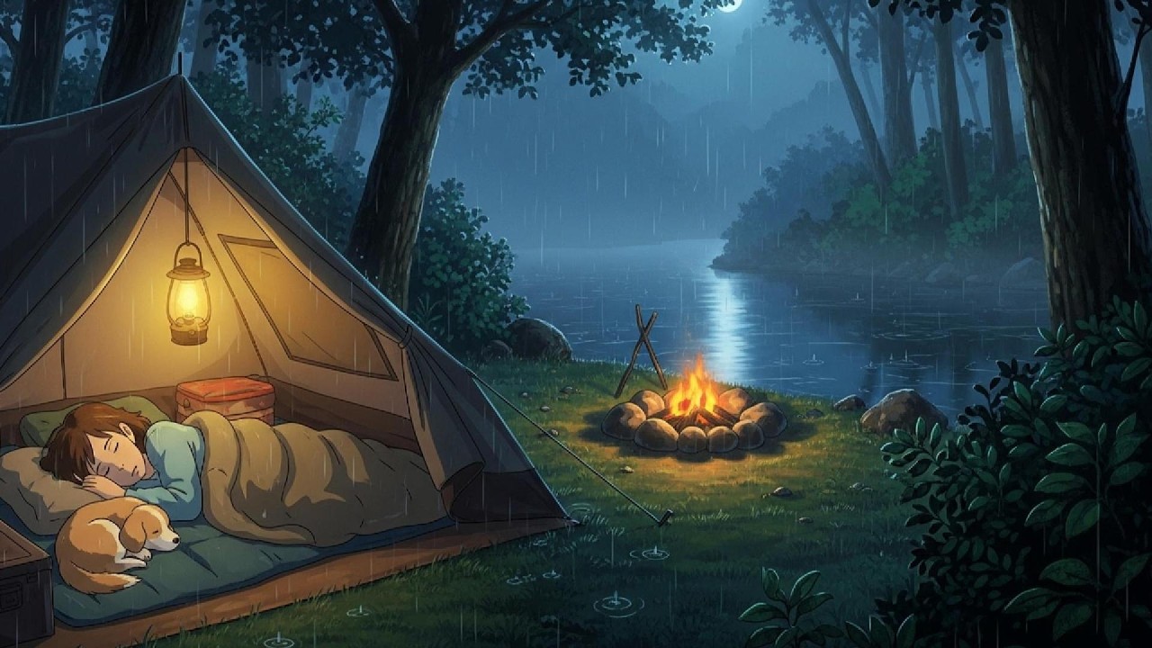 Warm Tent & Campfire in the Rain 🌙 River Sounds for Deep Sleep | 安眠 · 숙면