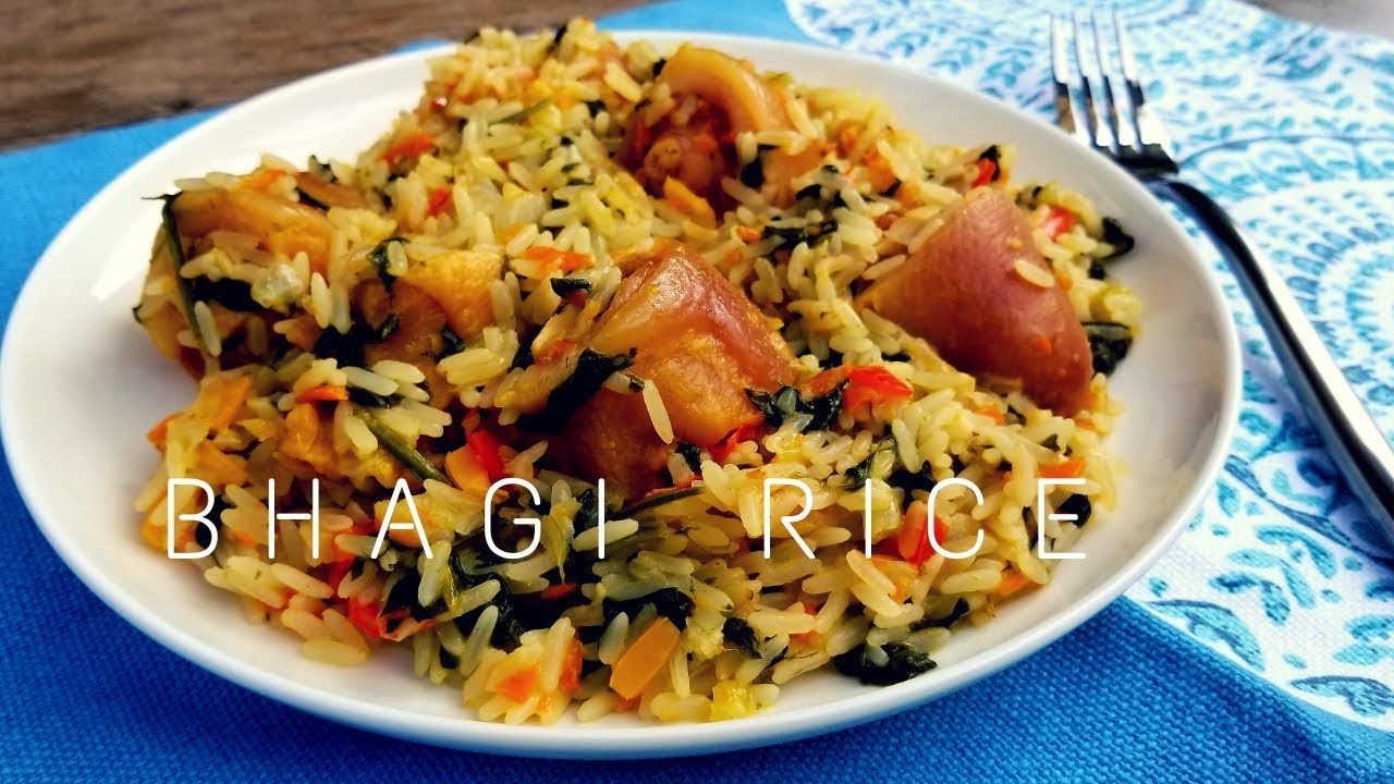 Trini Bhagi Rice Recipe / Spinach Rice with Salted Pigtails in Coconut
