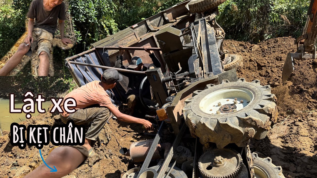 Xe công nông chở đất bị lật xe kẹp chân rất nguy hiểm / xecongnong#côngnôngtn