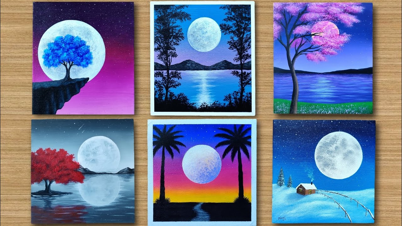 Full Moon | 6 Easy Moonlight scenery painting for Beginners ...