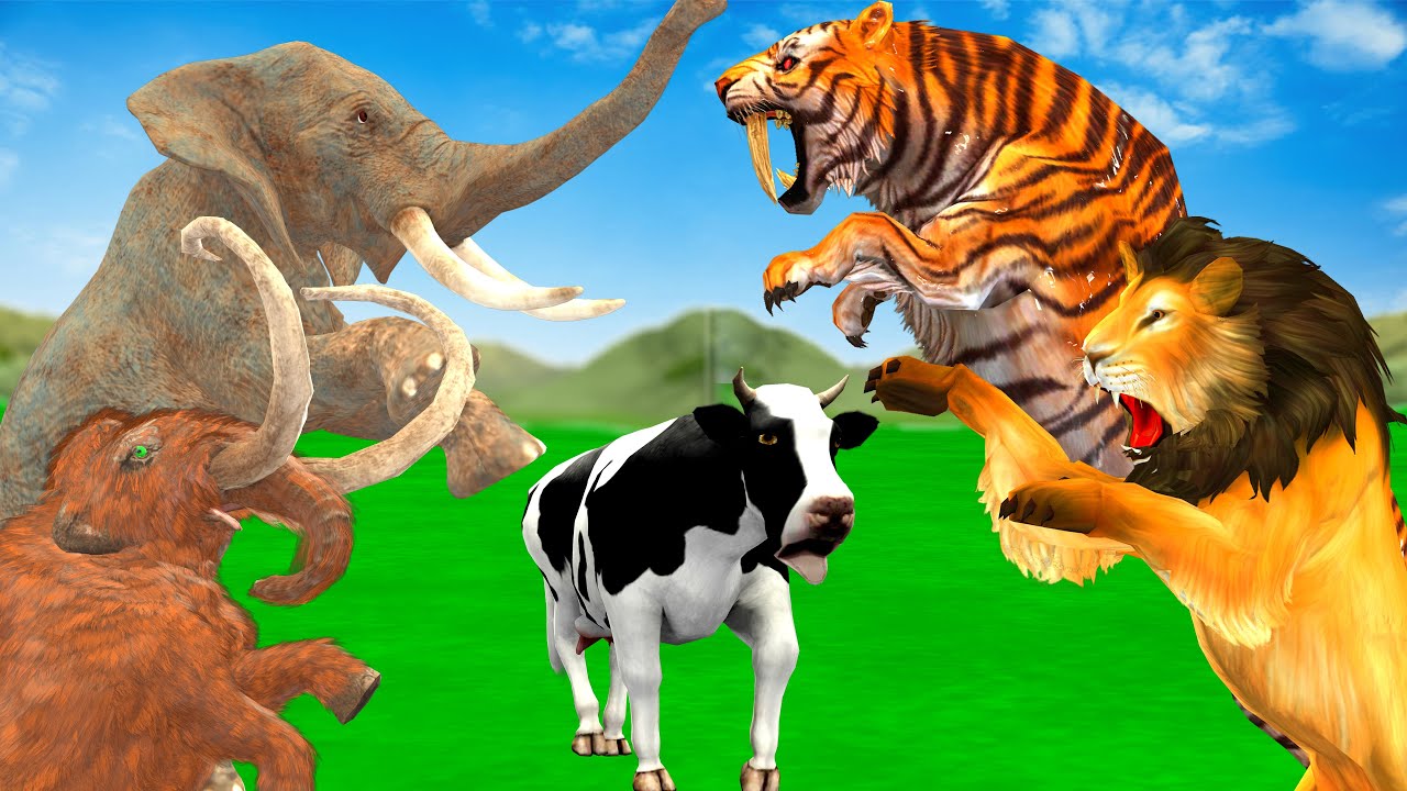 Giant Tiger vs Zombie Elephant attack Cow Cartoon Buffalo Save By Woolly Mammoth Elephant vs Dinosau