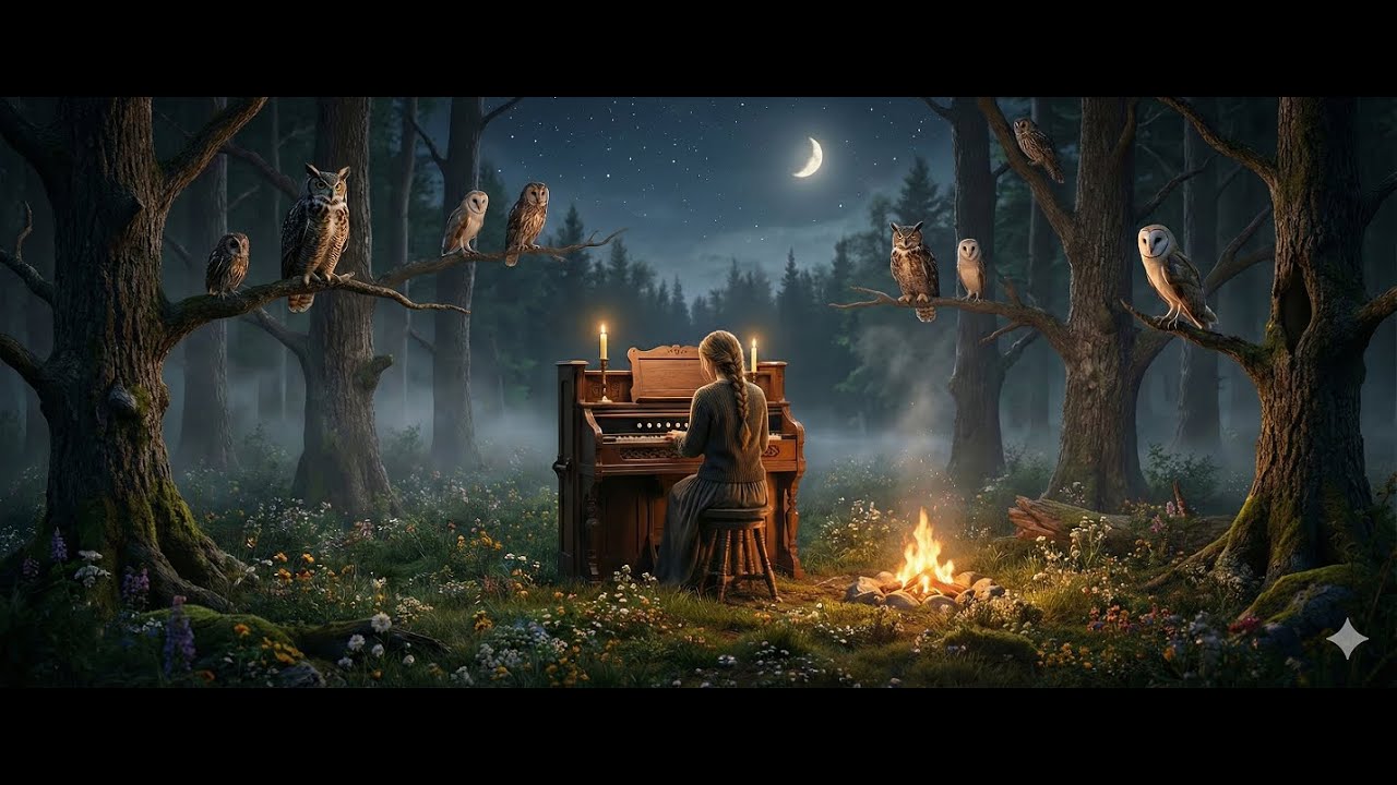 Muffled Pump Organ & Owls 🦉 Deep Night Forest Ambience | Brown Noise for Sleep