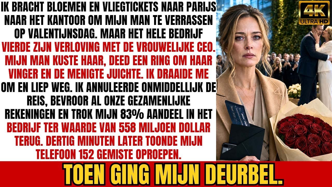 Ik liep ons kantoor binnen met Valentijnsrozen en vliegtickets naar Parijs om mijn man te verrassen. In plaats daarvan zag ik hem op één knie gaan voor onze CEO, terwijl tweehonderd collega’s...