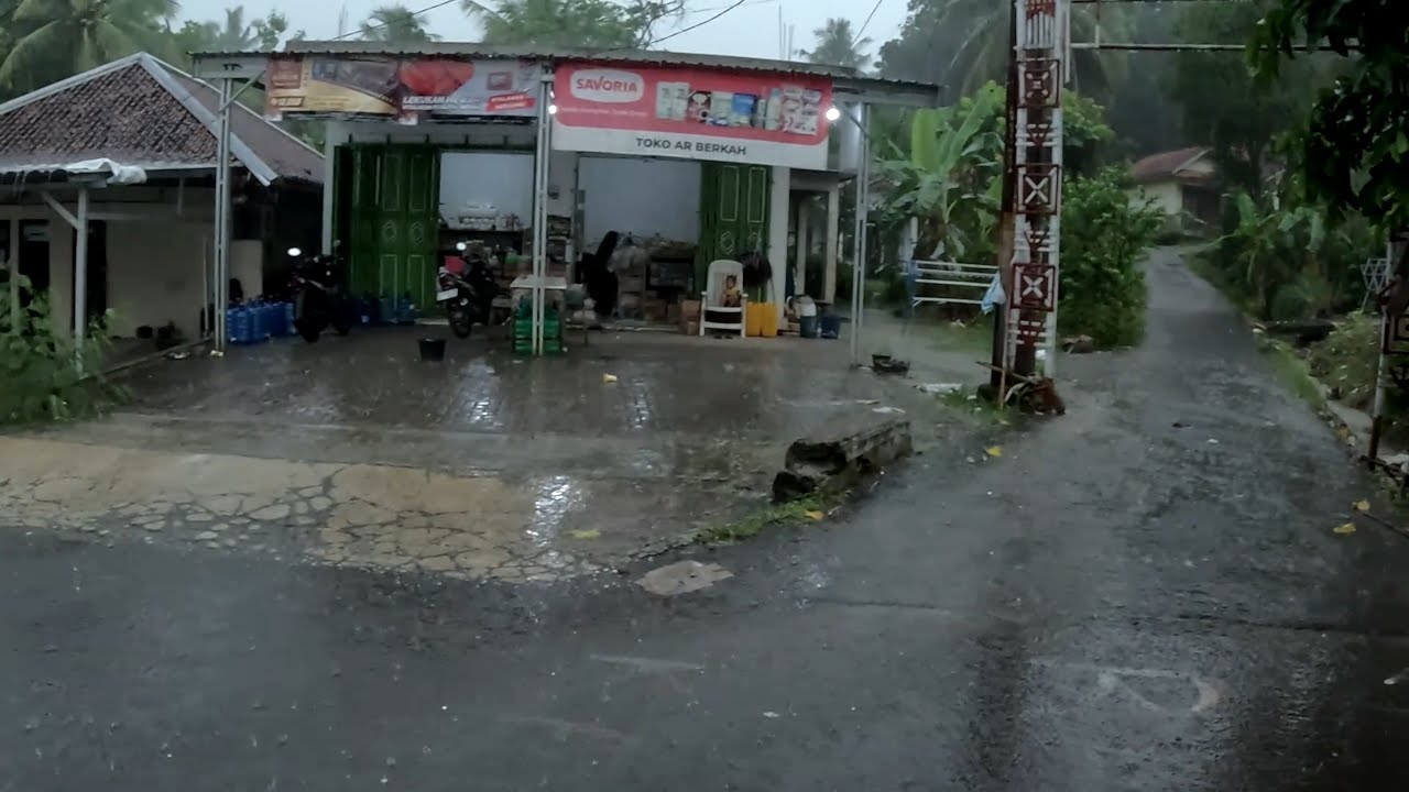 Stormy Night Walk Through Quiet Village with Heavy Rain Strong Wind and Thunder Sounds ASMR 4K Vide