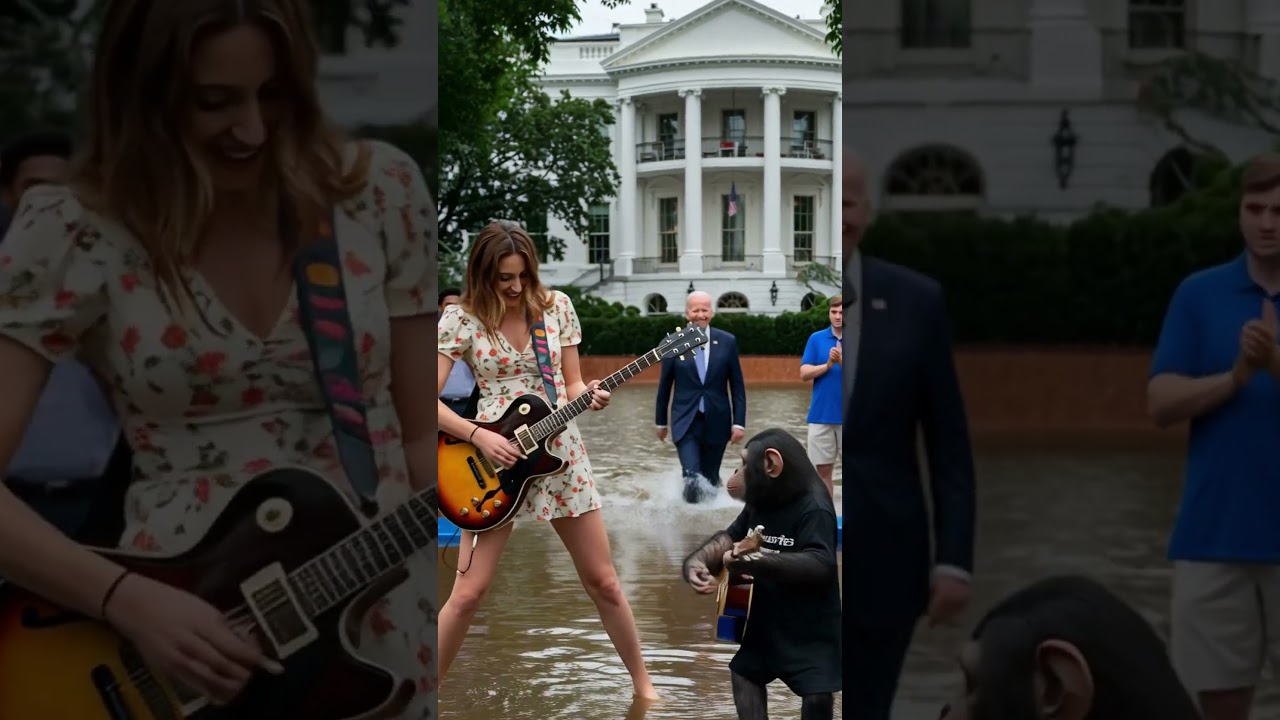 Funny Monkey Plays Guitar Inside Joe Biden’s Flooded House! 