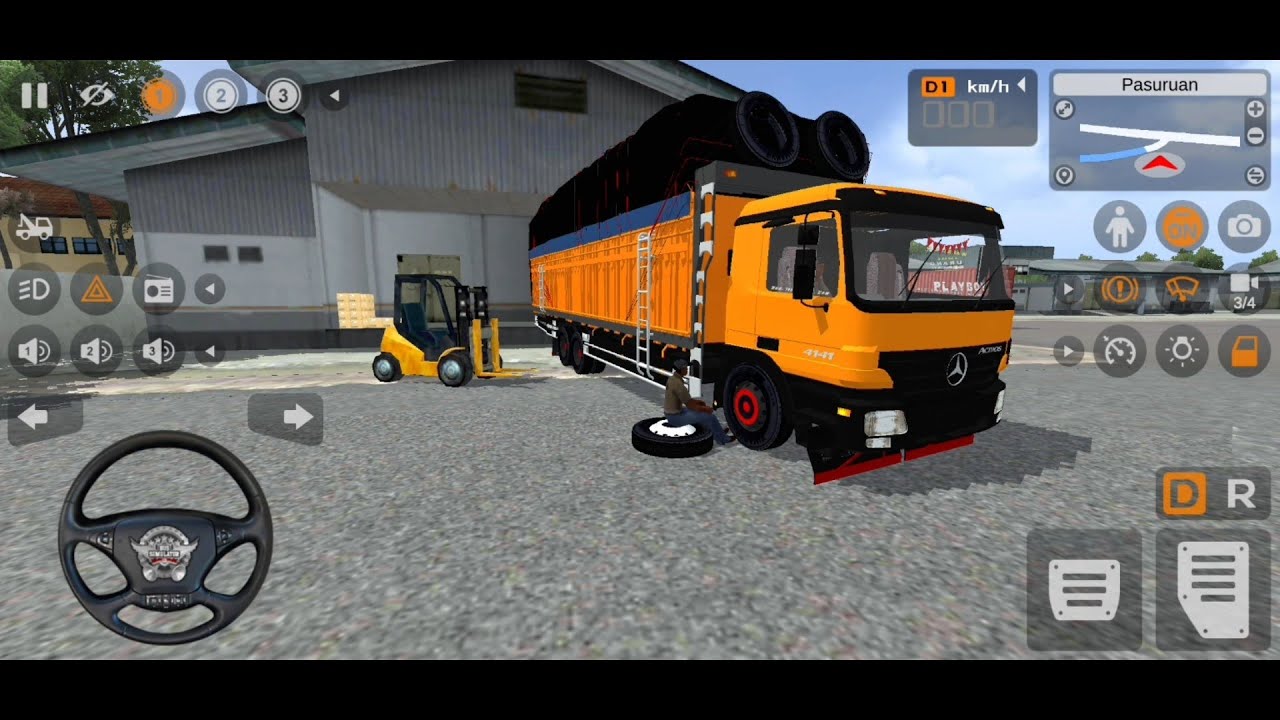 PERMAINAN TRUK MERCY ACTROS TRONTON MUATAN PENUH GANTI BAN SEBELUM JALAN - BUS SIMULATOR INDONESIA
