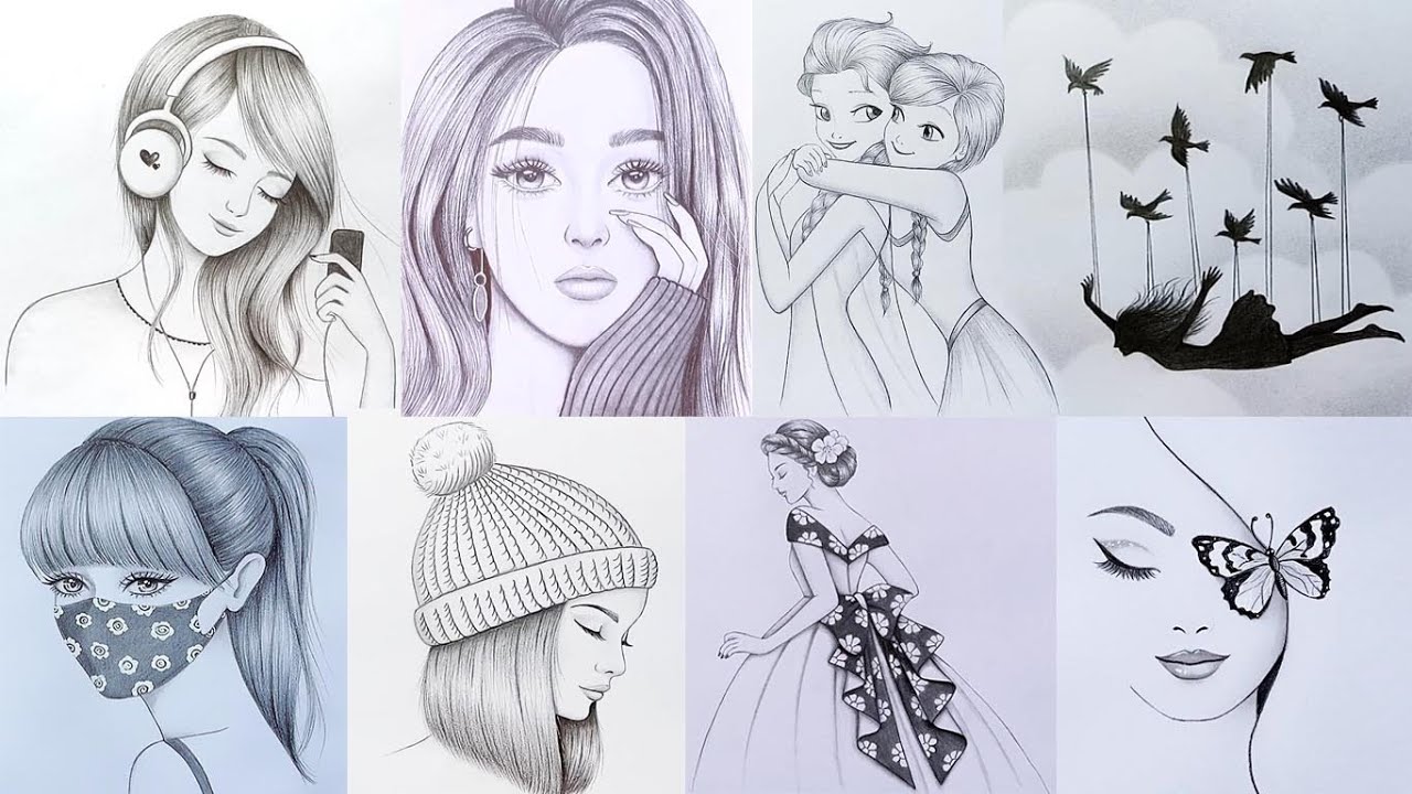 8 Easy drawing of Girl, How to draw - step by step, Pencil Sketch for  beginners