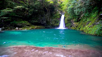 4k UHD Blue Mountain Waterfall on Lake Water. Nature Sounds, Waterfall Sounds, White Noise for Sleep