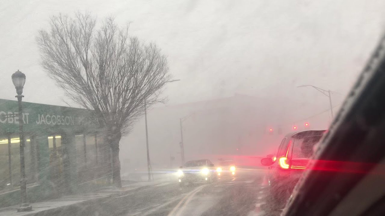Driving Through A Snow Squall With Heavy Snowfall, Gusty Winds & Zero